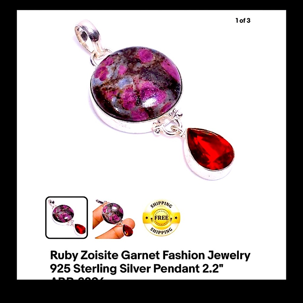 Garnet And Ruby Zoisite Pendant Sterling Silver 9… - image 1